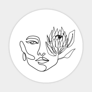 One line woman face with protea flower. Continuous line print. Magnet